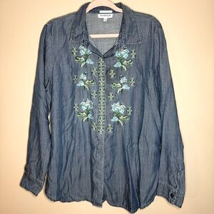 NorthStyle Women's Embroidered Chambray Long-Sleeved Button-Down Denim Top SZ/L